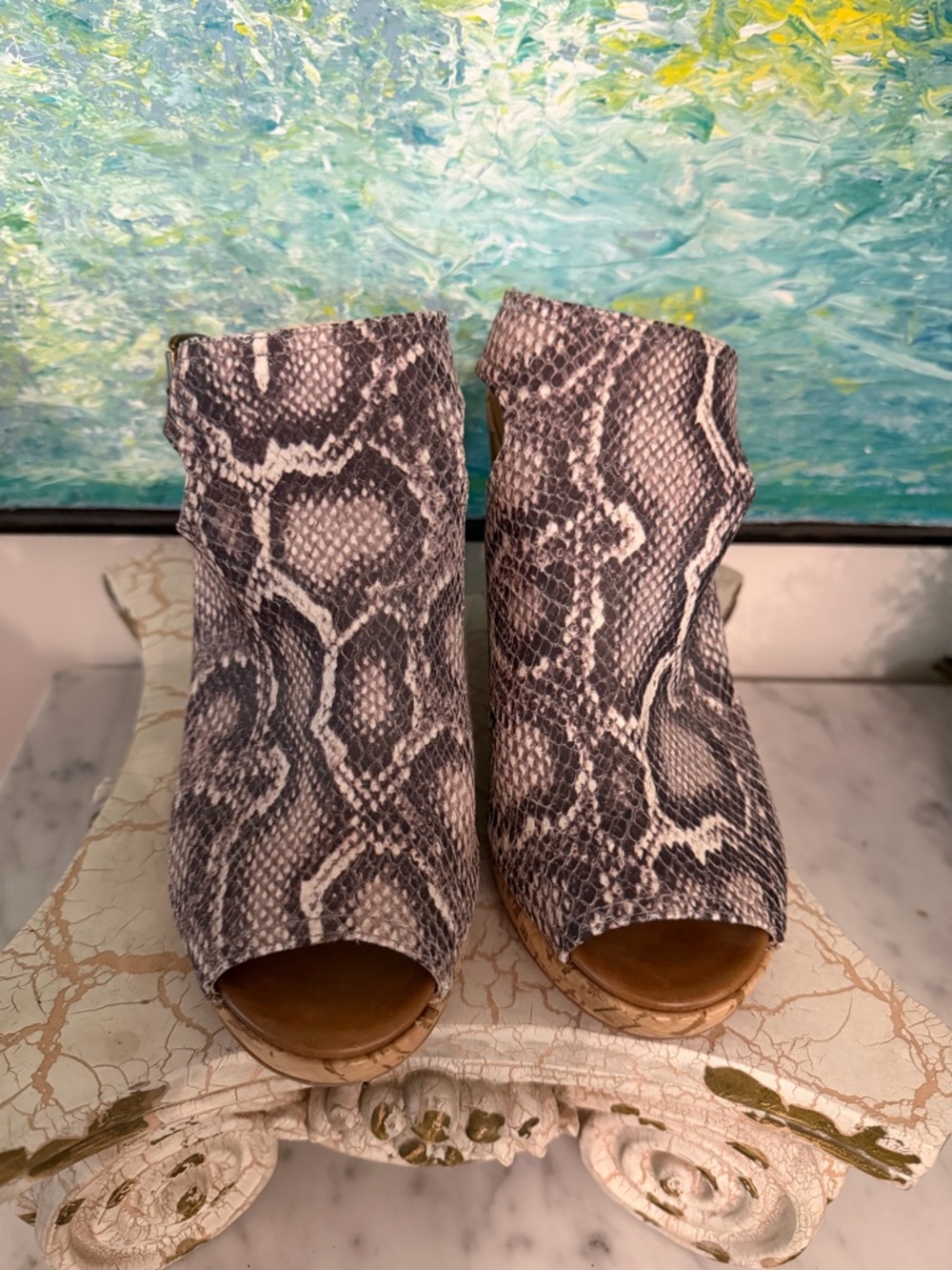 Johnston & Murphy Snake-Print Cork Wedge Sandals in Black and White